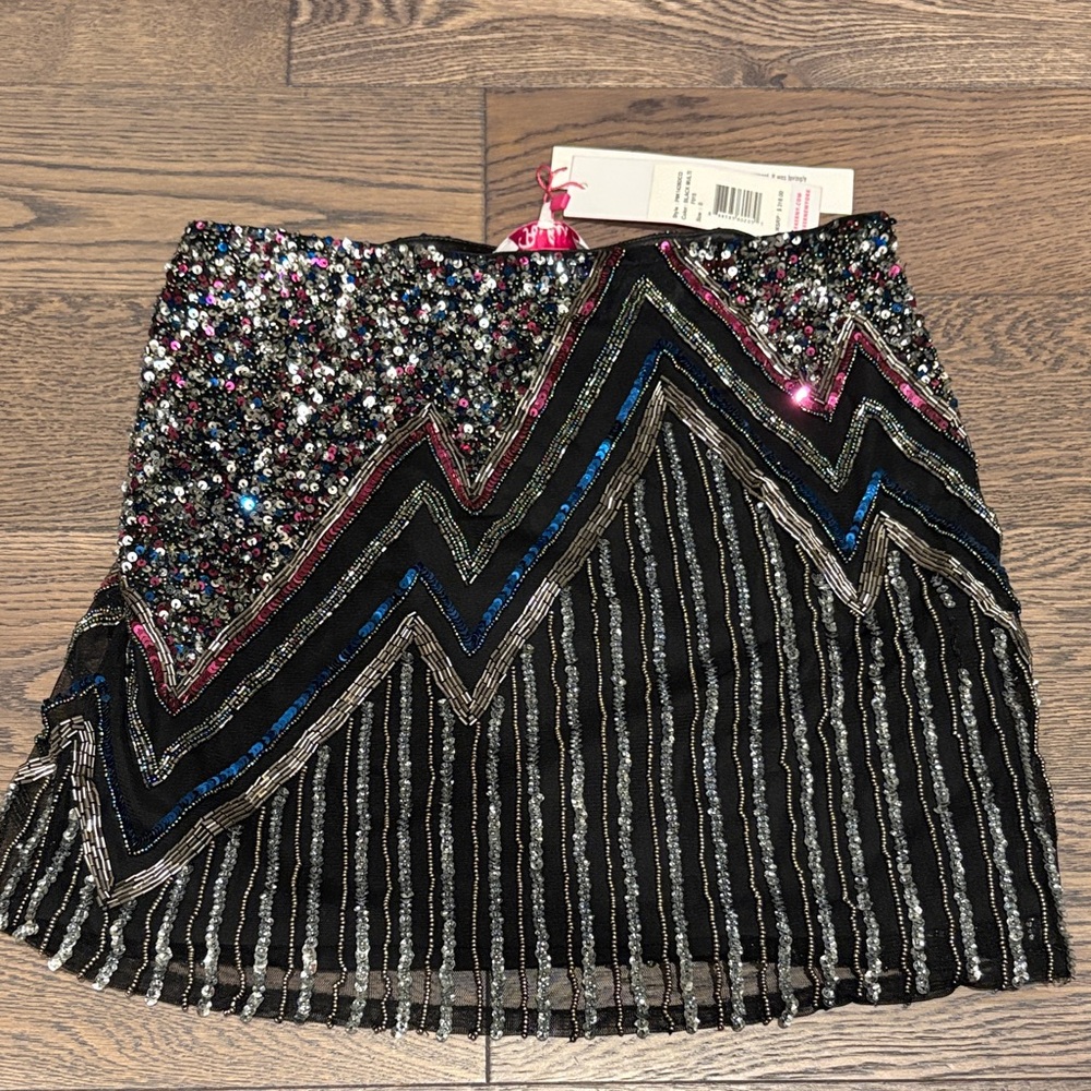 Parker Black Sequin Mini Skirt with Pink & Blue Beaded Accents